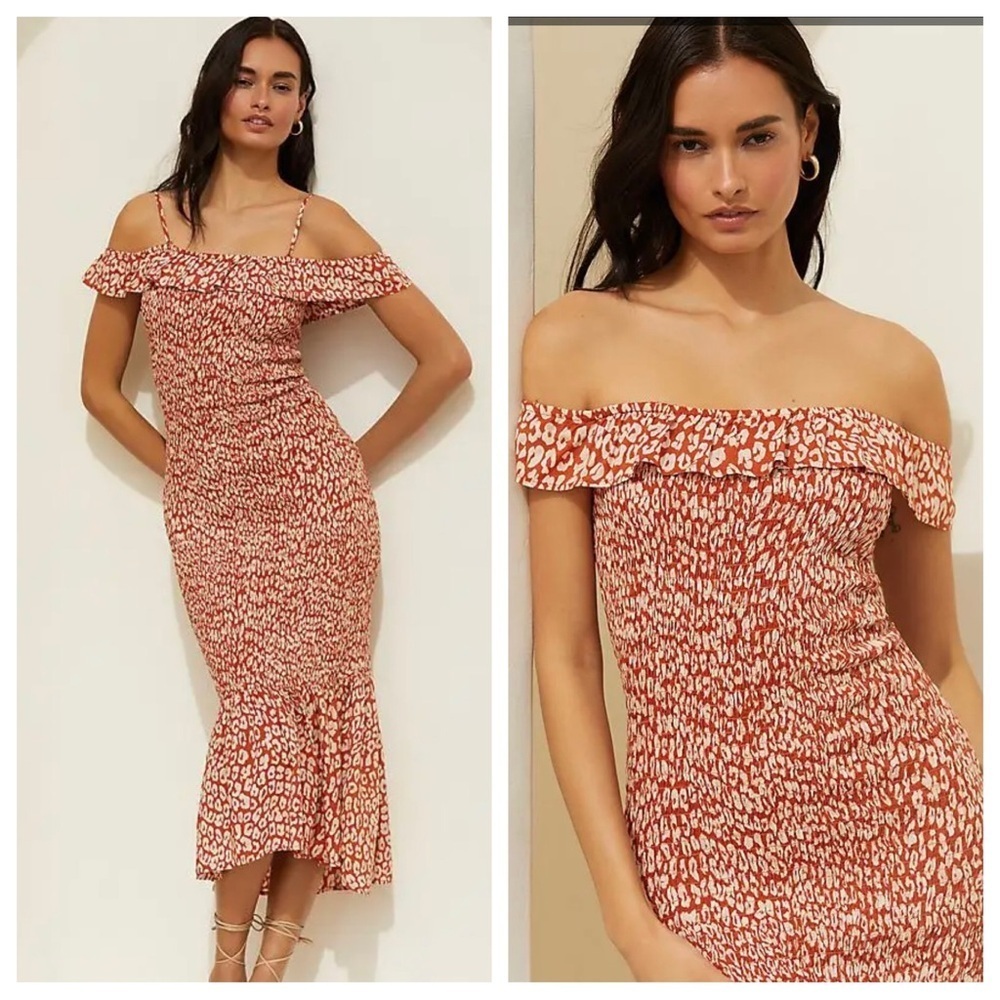 Celandine Anthropologie Smocked Off Shoulder Midi Cocktail Dress Womens Large
